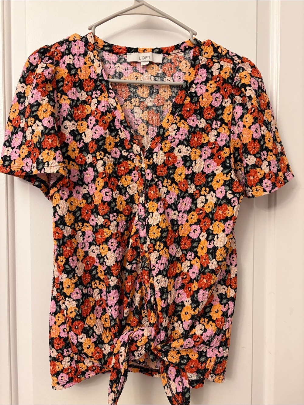 LOFT Black Floral Tie-Front V-Neck Short Sleeve Top